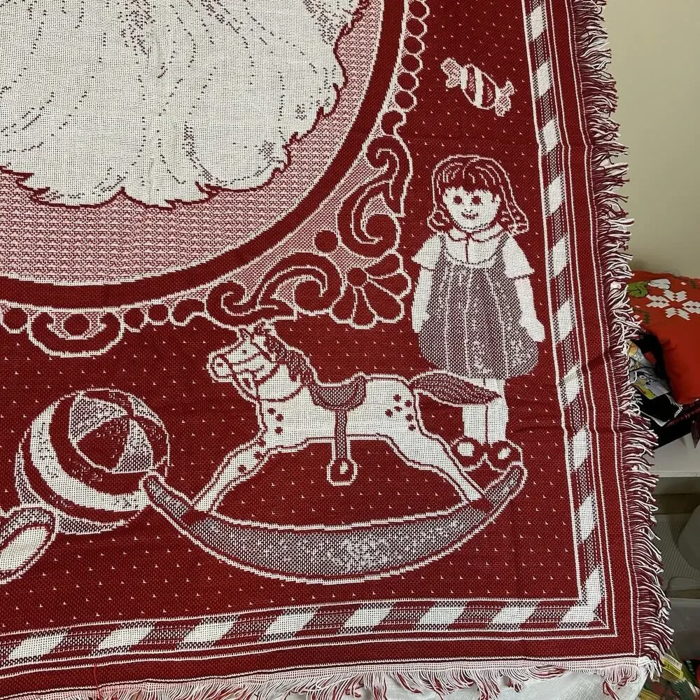 Santa Claus American Weavers‎ Red Tapestry Vintage Throw Blanket Made in USA VTG